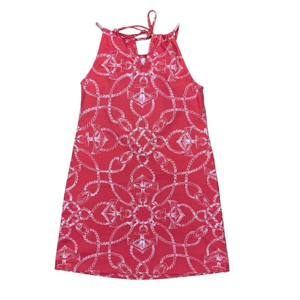 J McLaughlin Red Nautical Anchor Print‎ Shift Dress Halter Tie Back Girl's 6